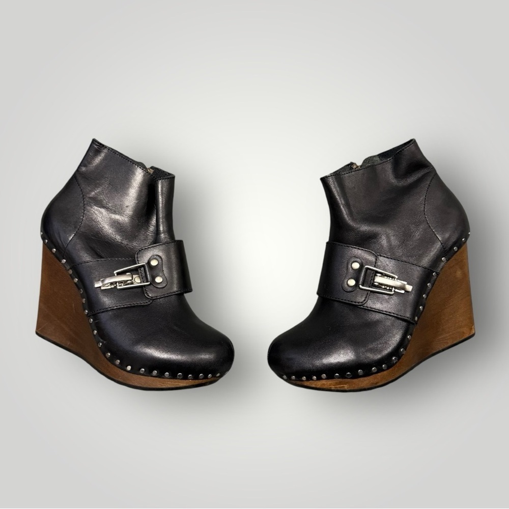 See by Chloe Black Leather Buckle Studded Wedge Ankle Boots‎ Size 38/8 US